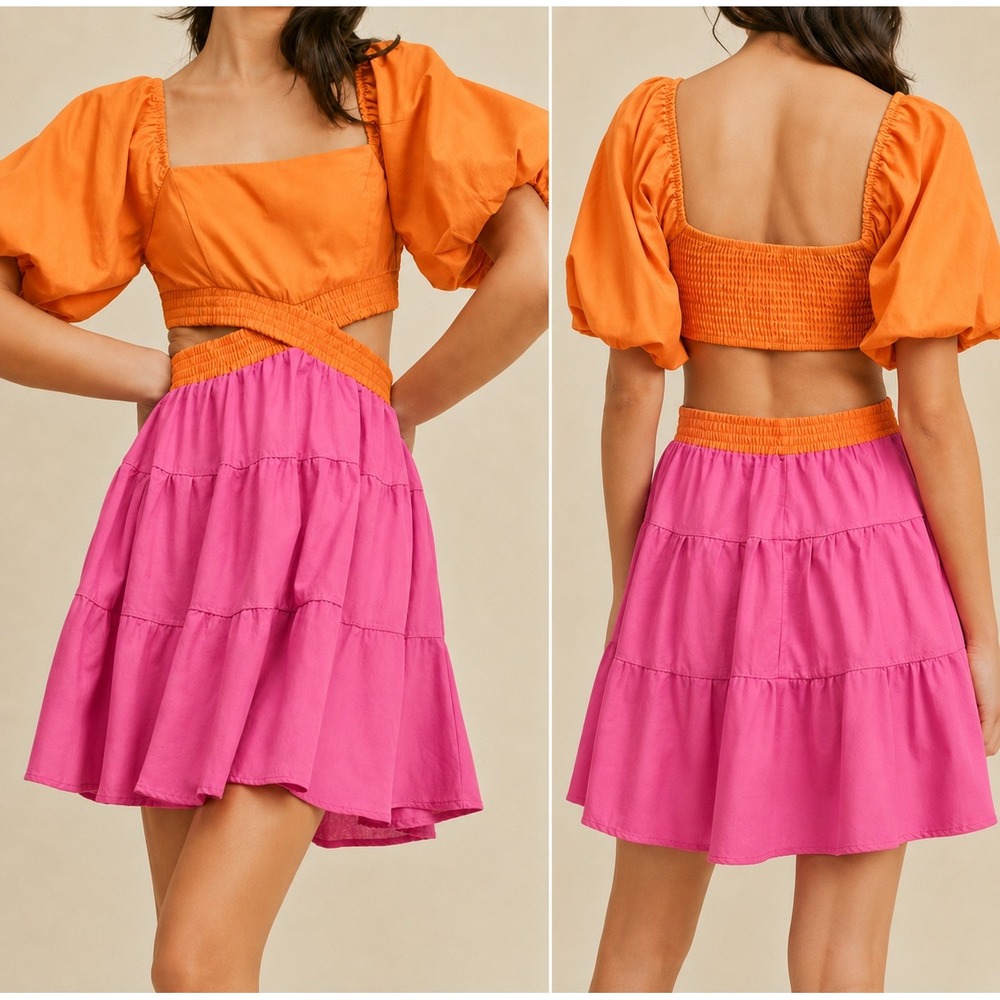 NWT Lush Women Colorblock Cut Out Puff Sleeve Mini Dress M Orange Pink Vacation